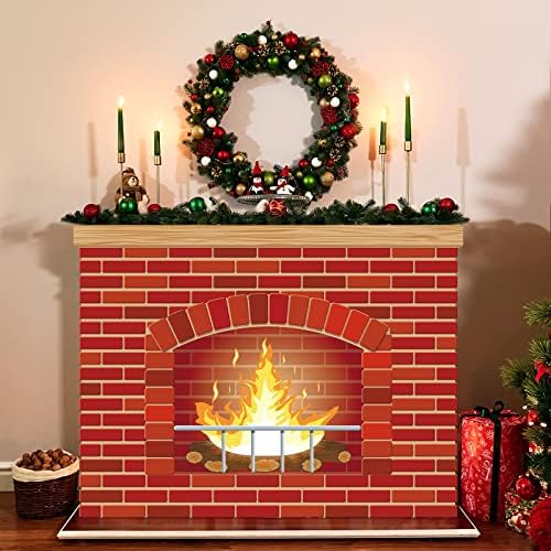 Коледен Велпапе Камина Картонена Камина от Червени Тухли Фалшив Фон за Камина Изкуствено Пламъците на Огъня Картонена 3D Огън Фалшив Централен Елемент за Фон украс