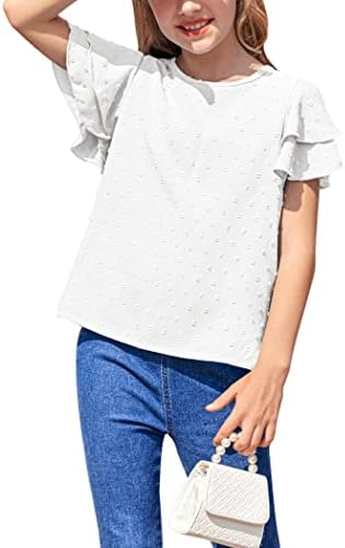 Hopeac/ Ежедневни Обикновена Тениска с рюшами на ръкавите за момичета, Пуловер, Блуза с замочной дупка отзад, Върхове