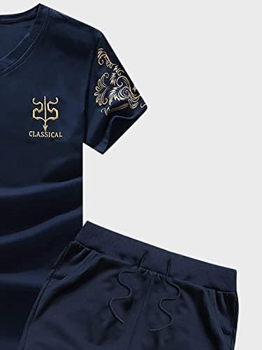 Мъжки дрехи OSHHO от две части, Мъжка риза с бродерия букви и шорти на експозиции (Цвят: тъмно синьо Размер: X-Small)