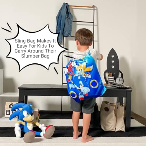 Детски Мек Лек комплект от 2 теми, Спален чувал и прашка-чанта с изображение на Таралеж Sonic от аниме, 46 см (Д)