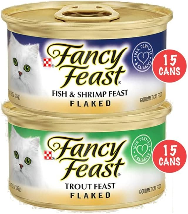 30 Кутии с влажен храна за котки Fancy Feast Flaked Variety Pack - В комплект с играчка мишка (Риби, скариди