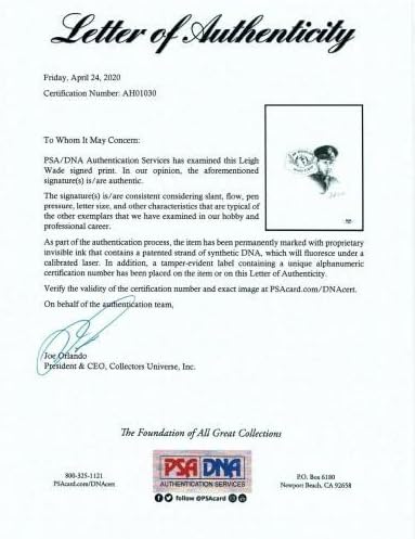 Лий Уейд Подписа Отпечатък Psa Dna Ah01030 (d) Пилот от световна крайцер с автограф MLB Art