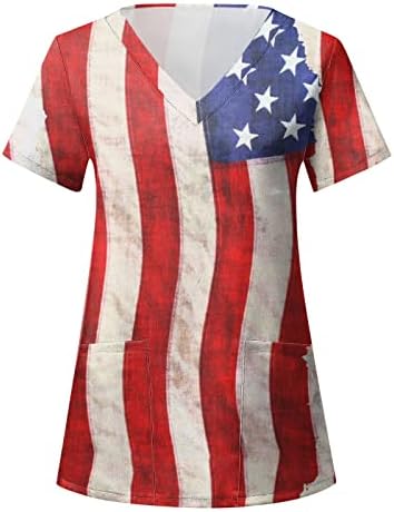 Тениски на 4 юли, Ризи за Жени с Флага на САЩ, Лятна Тениска с Къс ръкав и V-образно деколте и 2 Джобове, Забавна Празнична Ежедневни работни Дрехи