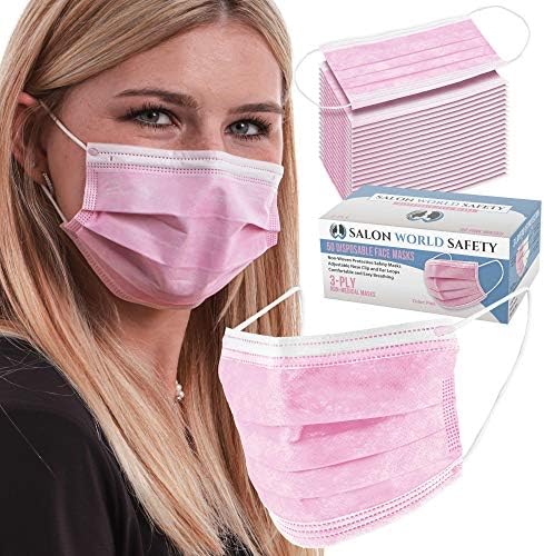 TCP Global Salon World Safety - Розови Маски за лице, 40 Кутии (2000 маски) Дишащ Еднократна 3-Слойный защитен ЛПС със скоба за носа и Ушни панти