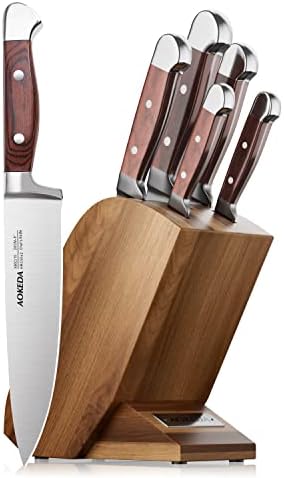 Комплект кухненски ножове AOKEDA с блок, Класически комплекти от 6 теми, дръжката е от дърво Паккавуд, Балансиран дизайн с