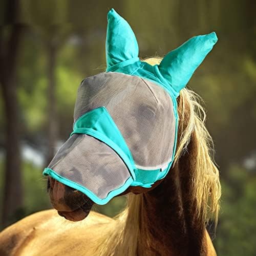Маска HUIRHUIR Horse Fly Mask, Дълъг нос, с Уши, защита от ултравиолетови лъчи, Подвижни клапан за носа-Сиво-син (L,