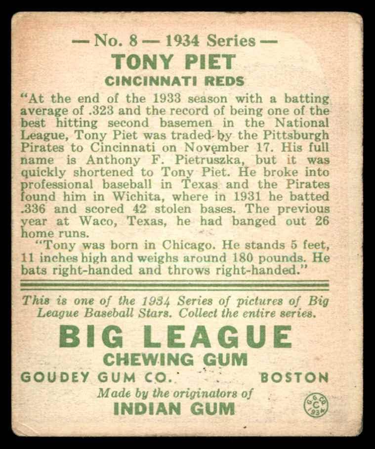 1934 Гуди 8 Тони Пит Синсинати Редс (Бейзболна картичка) хубаво червено