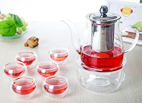 Чай набор от Prettyard - Стъклена кана за приготвяне на чай от неръждаема стомана + Нагревател + 6 Мини чаени чаши