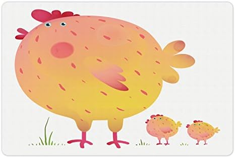 Подложка за домашни любимци Ambesonne с Пиле за Храна и вода, Кокошката и Пилета, Селскостопански Животни, Семейна