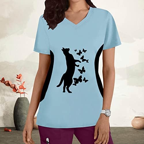 Ризи с Г-образно ръкав за Жени, Дамски Топ Размера на Плюс, V-Образно Деколте, Риза с Къси Ръкави и Принтом Котки, Блуза, Жените