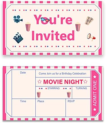 Soiceu Розов Билет за кино Покани на парти по случай рождения ден с Конвертами Комплект от 20 Покани на парти по случай рождения ден на момичетата в киното Попълнете ин?
