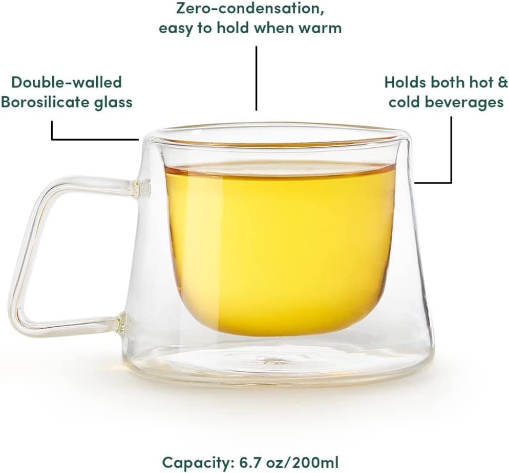 ВАХДАМ, Чаши за Кафе от стъкло с Двойни Стени (2 броя) Изолирани чаши капацитет 6,7 унции, ТРАЙНИ и СТИЛНИ | Комплект чаени чаши