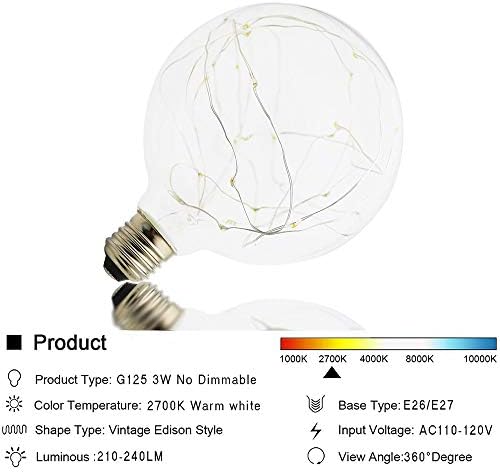 Реколта led крушки LED Edison Globe Фея 3 W, 2700 К, Топло бели Звездни Крушка - Цокъл E26/E27 -Прозрачно Стъкло - 210 Лумена,