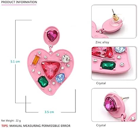 Обеци с висулки във формата на сърце за жени - Ярко розови кристали, висящи обеци с форма на сърце, Голям многоцветен