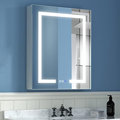 Комплект за баня с led подсветка ExBrite с огледало, 24 x 30 Инча, Вградени или Стенни led Аптечка, Защита от замъгляване, Плавно затъмняване, Промяна на температурата на цвет