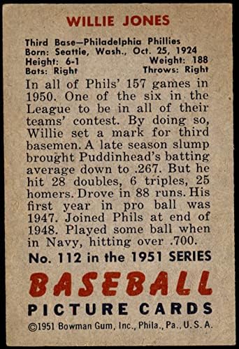 1951 Боуман 112 Уили Джоунс Филаделфия Филис (Бейзболна картичка) VG/БИВШ Филис