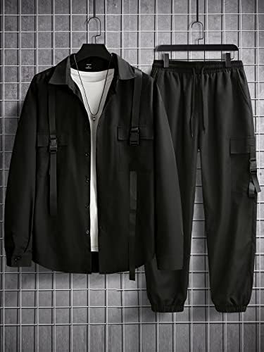 NIBHZ Облекло от две части за мъже, Мъжка риза и панталон с цип и капак на раменете (Цвят: черен Размер: X-Large)