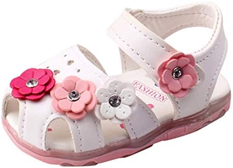 Обувки за малки момичета, детски обувки с led подсветка, Сандали с цветя, Маратонки за малки момичета, детски обувки (бял, 12-15 месеца)