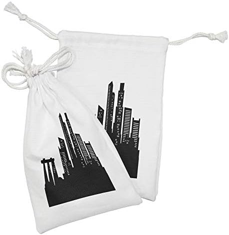 Комплект от 2 чанти от плат Ambesonne Singapore, Силует на сградите в Черно-бял стил на Оживения атмосфера, Малка Чанта на