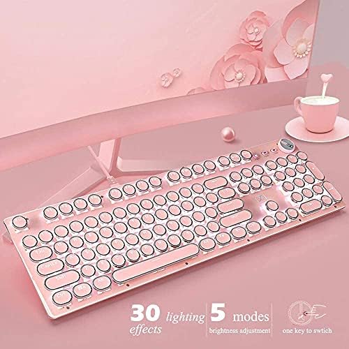 Розова Клавиатура за пишеща машина и мишка, Ретро Реколта Ръчна Детска Клавиатура с бяла led подсветка, 104 клавишите със