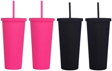 Опаковка от 4 матов чаши с шипове по 24 грама, Многократно пластмасова чаша, една Чаша с капак и соломинкой, двойна вентилационна чаша с шипове, не съдържа BPA, защитено