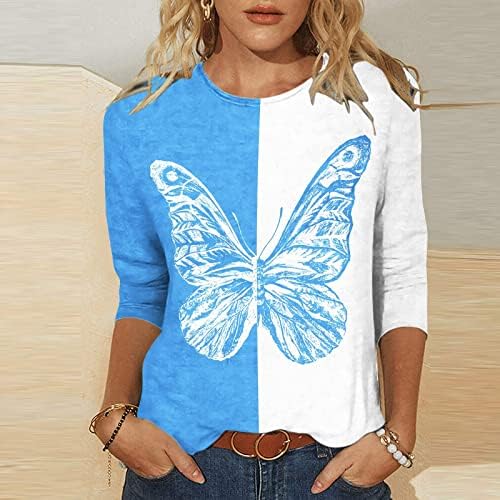 Тениска с изображение на пеперуда Y2K за Жени, Модни Блузи в стил Мозайка с 3/4 Ръкав, Ежедневна Туника с Кръгло деколте,