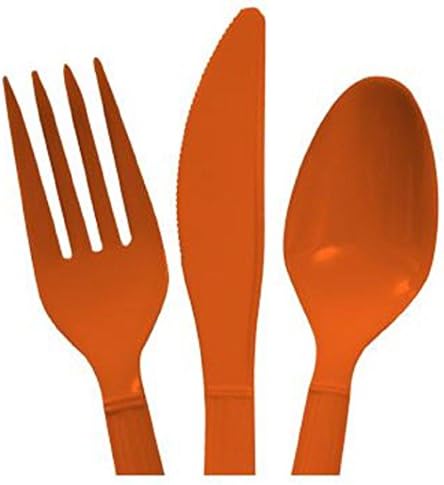 Комплект прибори за хранене от два тежкотоварни пластмаса оранжев цвят 32 Лъжици 32 Вилици, Нож 32