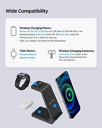 Безжично зарядно устройство Intoval 3 в 1 за Fitbit Sense 2/1 Versa 4/3, iPhone, Samsung Galaxy Note & S, Airpods Pro 2/1,
