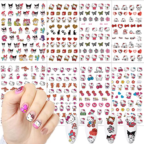 Сладки Етикети за дизайна на нокти - 8 Листа, Стикери за нокти с шарките на Kawai, 3D Самозалепващи се, Дизайн с Сладък