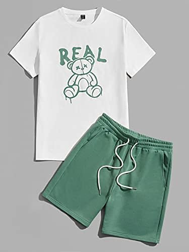 Мъжко облекло от две части, Тениска с образа на мечка и от букви и къси Панталони с завязками на талията (Цвят: