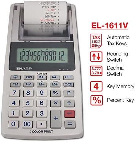 Преносим Безжичен калкулатор Sharp EL-1611V с много 12-Фигурални LCD дисплей, два цвята печат и данъчни функции, 191 x 99 x 42 mm, 191 x 99 x 42 мм