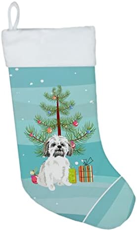 Carolin's Treasures WDK3179CS Shih Дзъ Сребристо-Златист и Бял #1 Коледен Чорапи, чорапи за окачване на камината, Коледен Сезон, декорация за партита, Семейни Празнични Украси,