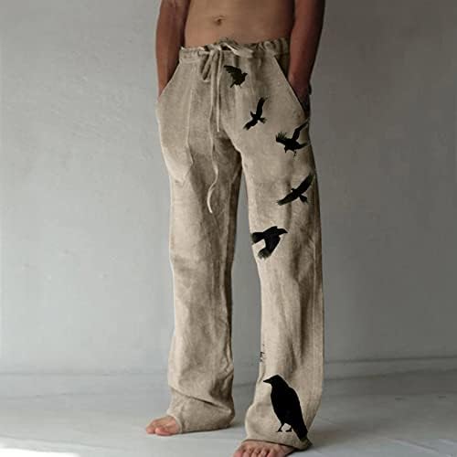 Мъжки Панталони с Еластичен Колан, Мъжки Памучни Панталони Дантела с Джобове и Принтом, Панталони Големи Размери, Модни