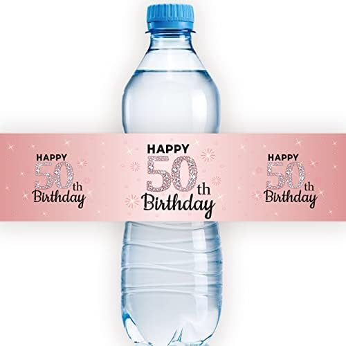 Розови Етикети За бутилки с вода Happy 50th Birthday, Водоустойчиви Опаковки За бутилки с Вода Diamond 50th