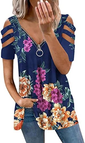 YaYiYa Блуза, Тениска за Момичета с Къс ръкав 2023 Година С открити рамене Памучен Блуза с цип с графичен принтом и Цветя Модел JZ
