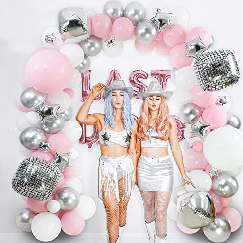 Гирлянда от Балони за моминско парти за Новата Дискотека, 18 12 5 Розово-бели Сребърни Балони с 4D Диско-Топки за Украса