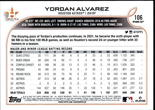2022 Topps Деня на откриването на 106 Бейзболна картичка Йордан Álvarez Хюстън Астрос МЕЙДЖЪР лийг бейзбол