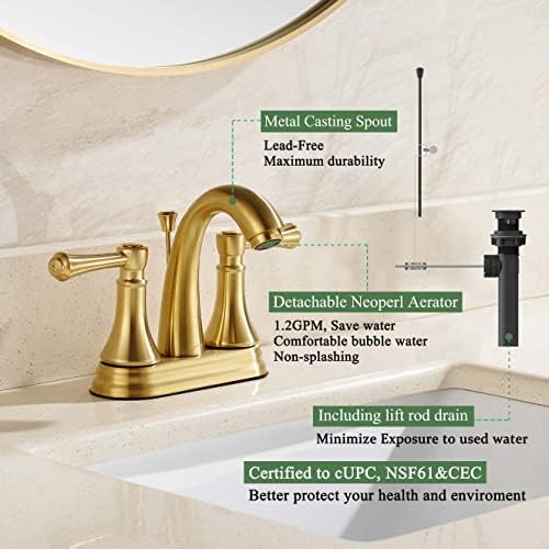 Матиран Златен 4-инчов сензорен Смесител за мивка в банята на 3 дупки, 2 писалки, централен Смесител за баня