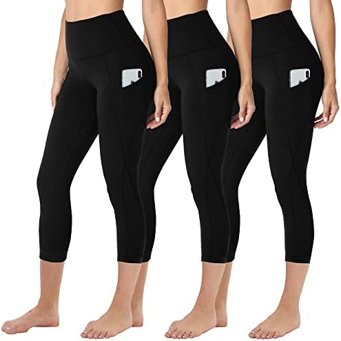 HLTPRO 3 Опаковки Леггинсов-капри за жени с джобове - Черни Панталони капри за йога с висока талия и контрол на корема за