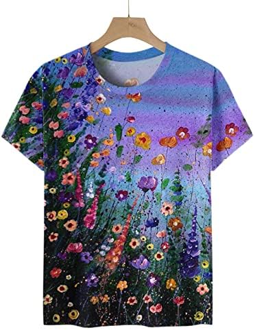 Тениска Дамски Памучен с Къс Ръкав и Кръгло Деколте, с Цветен Модел Семки, Свободно Намаляване, Ежедневни Тениска