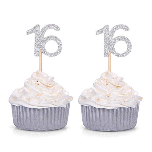 Комплект от 24 Сребърни Блестящи Топперов за кифли № 16, Украсяване на парти по случай отбелязването на 16-ти рожден