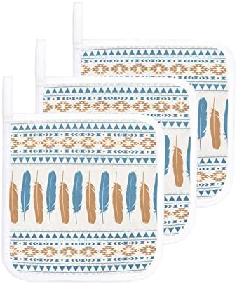 Комплект кухненски Прихваток от 3 броя, Геометрични кухненски ръкавици, със Сини Пера в стил Бохо Средата на века,