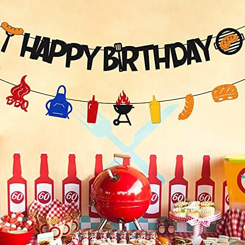 Барбекю честит Рожден Ден на Банер за Барбекю Сос за барбекю на Скара, Вилица За Колбаси Огън Къмпинг на Тема Рожден Ден