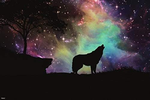 Силуета на Вълк, Воющая Галактика, Неясност, Звезди, Плакат с Принтом за Дома (24x36)