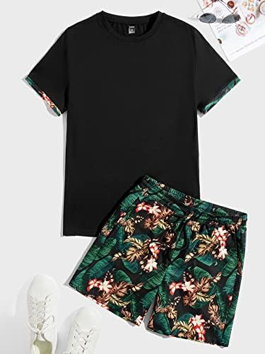 Мъжки дрехи OSHHO от две части, Мъжка тениска с тропически принтом и къси панталони с завязками на талията (Цвят: многоцветен,