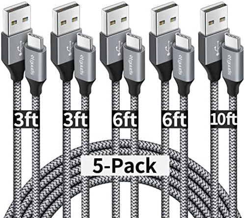 кабел etguuds USB Type C, за бързо зареждане, [5 броя, 3/3/6/6/10 фута] Кабела на зарядното устройство, USB-A-USB-C в оплетке,