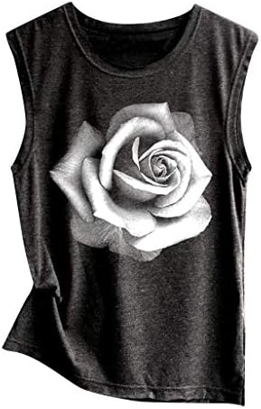 Дамска блуза,JFLYOU, Черна или Бяла Роза, Ежедневни Свободна Риза Без ръкави, с принтом, Мека Блуза (Черен, M)