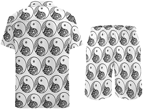 WEEDKEYCAT Yin Yang Черно-Бяло Мъжки Плажни Дрехи от 2 теми, Хавайска Риза с копчета с Къс ръкав и къси Панталони, Комплекти за Торса