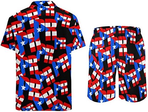 Мъжки плажни дрехи WEEDKEYCAT с Флага Пуерто-Рико, Хавайска Риза с копчета от 2 теми, Комплекти с Къс ръкав и Къси панталонки
