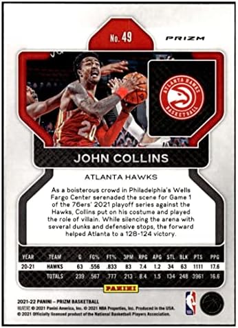 Джон Колинс 2021-22 Панини Призми Призмс Сребърна вълна на #49 НМ+-MT+ Баскетболни ястреби НБА